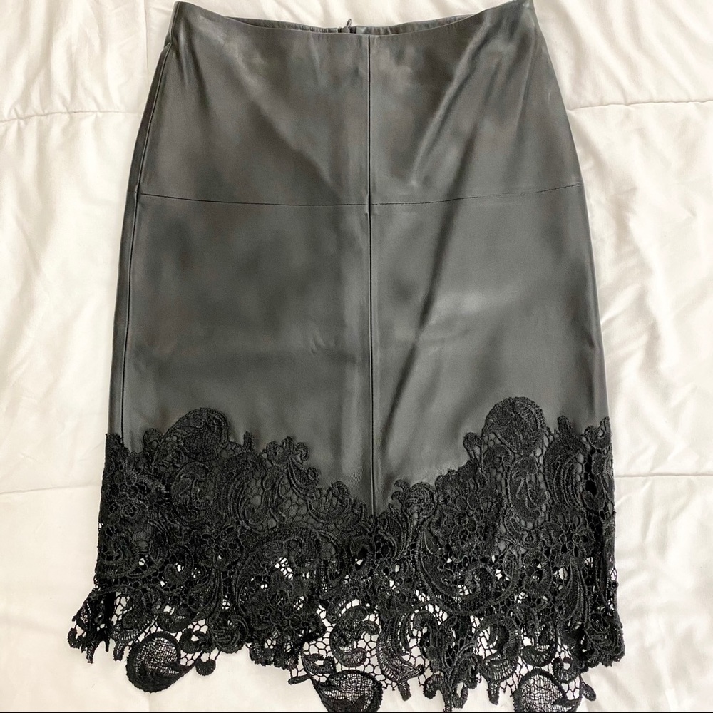 Black Leather Skirt with Lace Trim